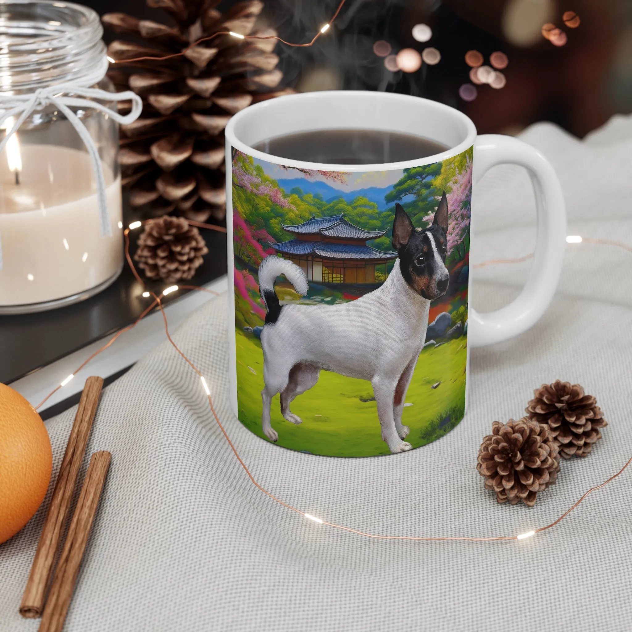 Japanese Terrier  -  11oz Ceramic Coffee Cup featuring a Playful Pup in a Serene Landscape