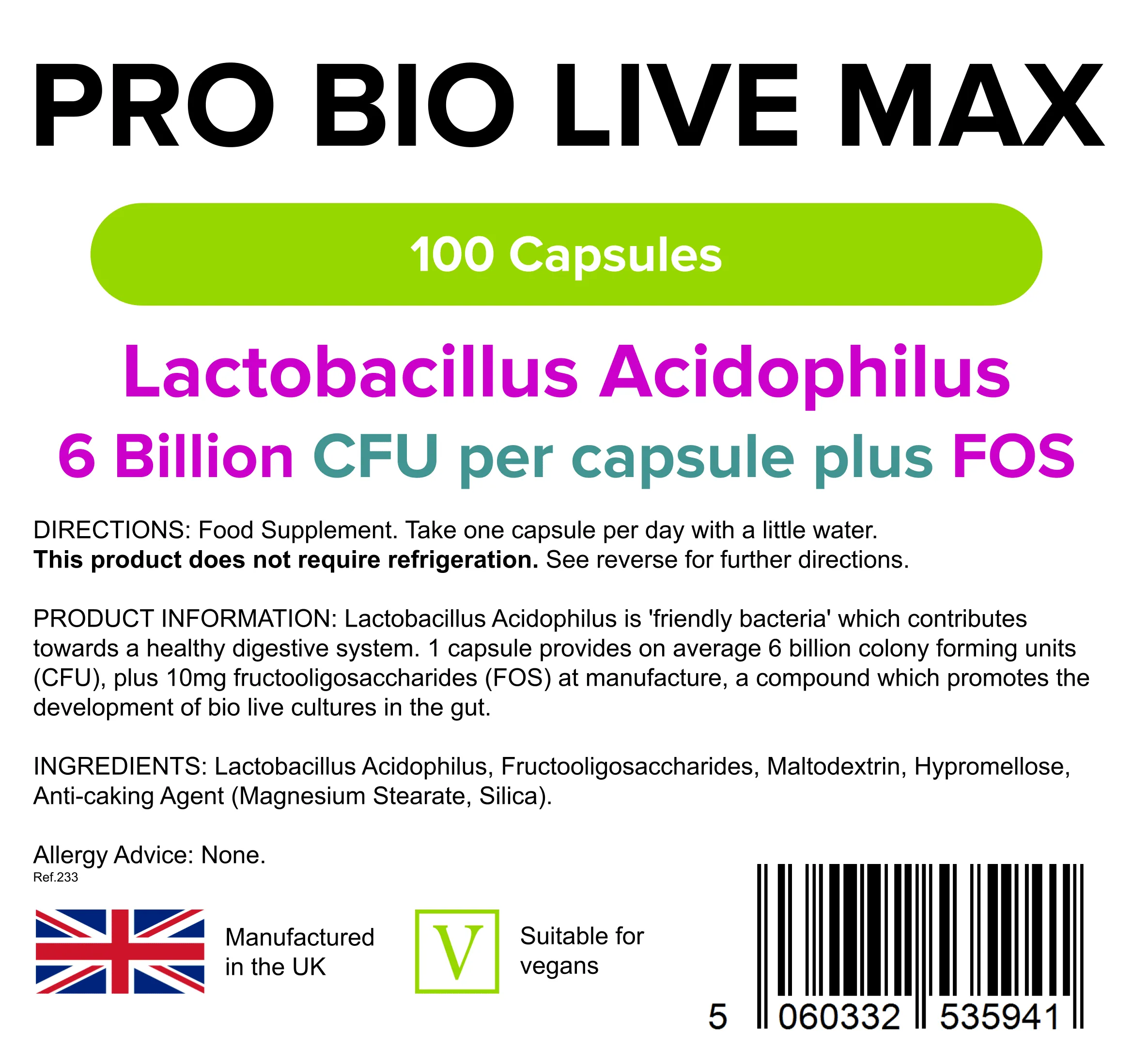 Pro Bio Live Max 6 Billion CFU Veg Capsules