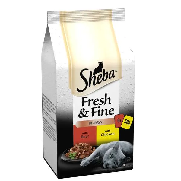 Sheba Fresh & Fine Cat Pouches With Beef & Chicken In Gravy CASE OF 8 (6 x 50g cartons)